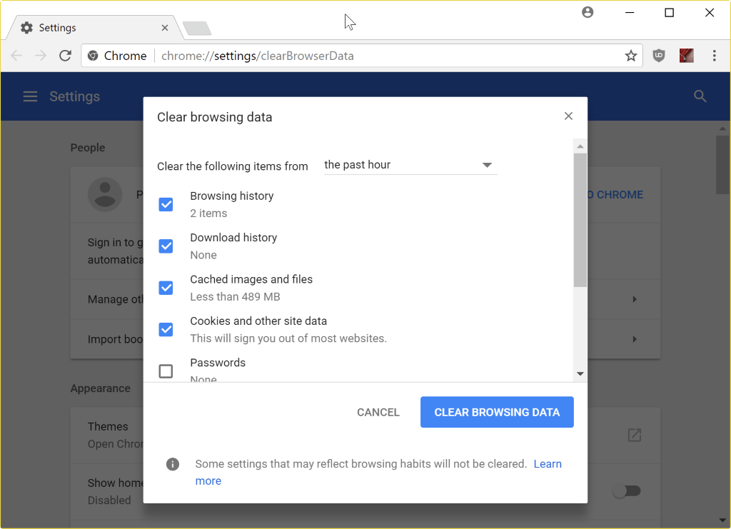 chrome browser clear browsing data