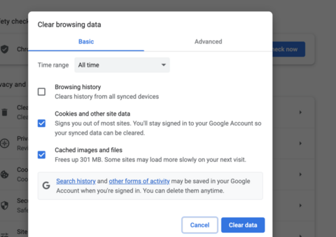 clear chrome cache and cookies