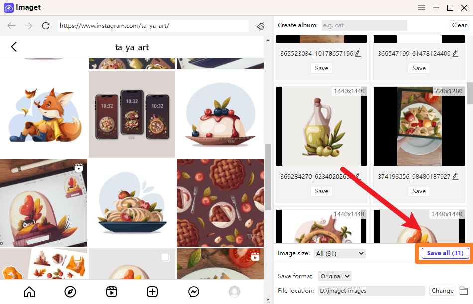 cliquez sur tout enregistrer pour enregistrer toutes les images Instagram