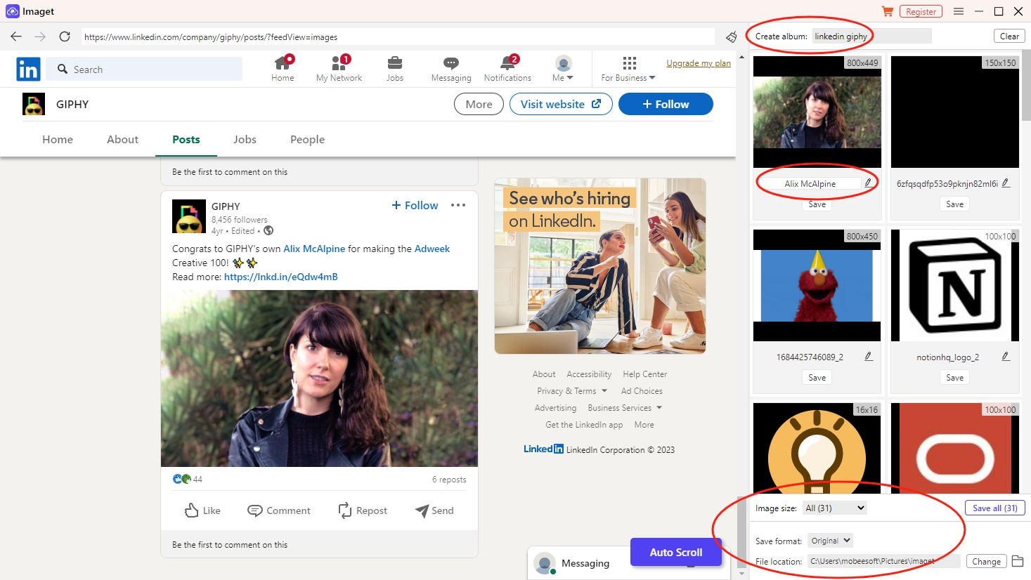 imaget で詳細設定を使用して LinkedIn 画像をダウンロードする