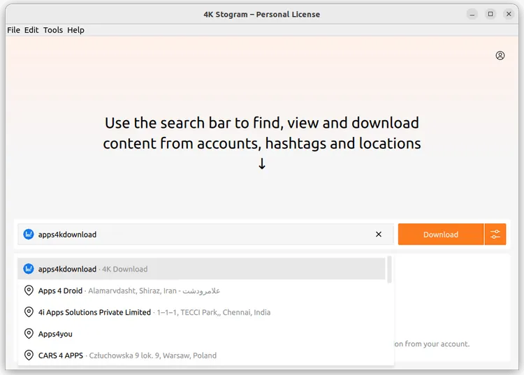 enter user name in 4k stogram