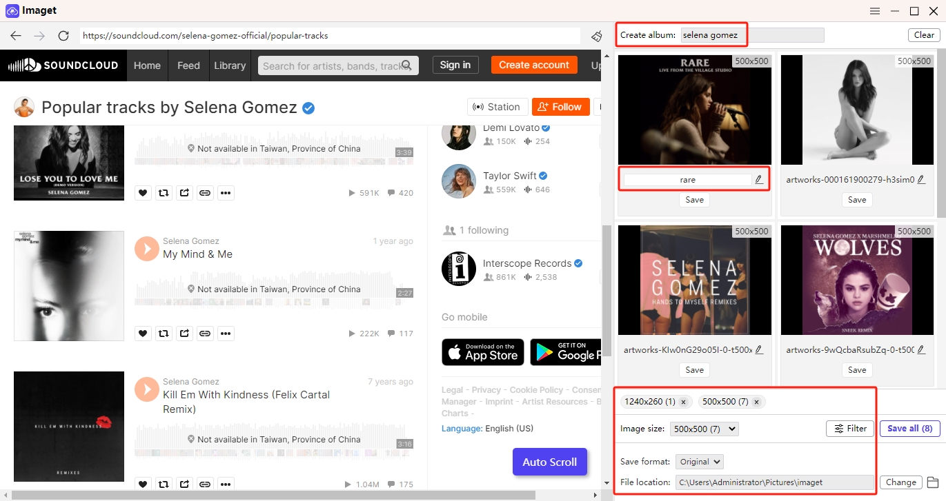 configurações de download de imagens do soundcloud