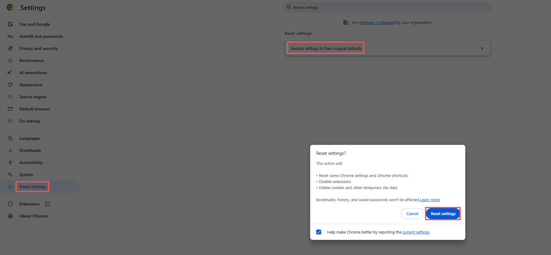 reset chrome settings