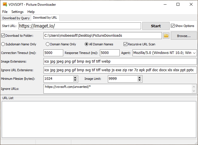 vovsoft picture downloader paste url and set options